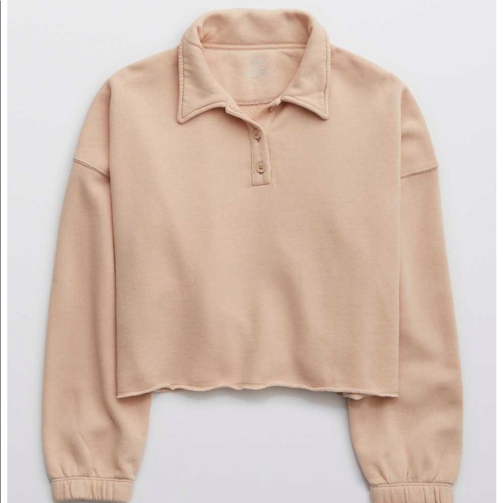 Aerie Fleece of Mind Cropped Polo Sweatshirt in color “Natural Nude”